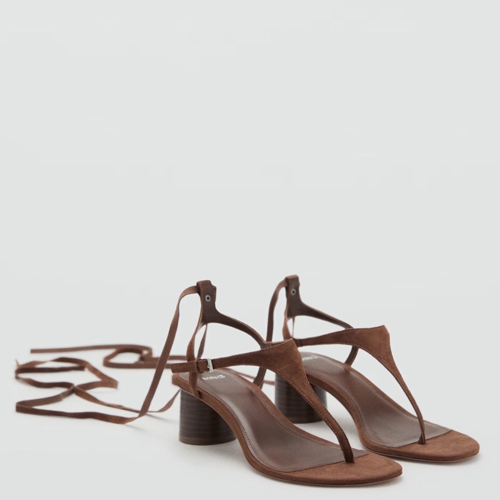 Mango brown suede leather lace up heeled sandal
